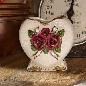 Vintage Heart-Shaped Ceramic Vase with Roses